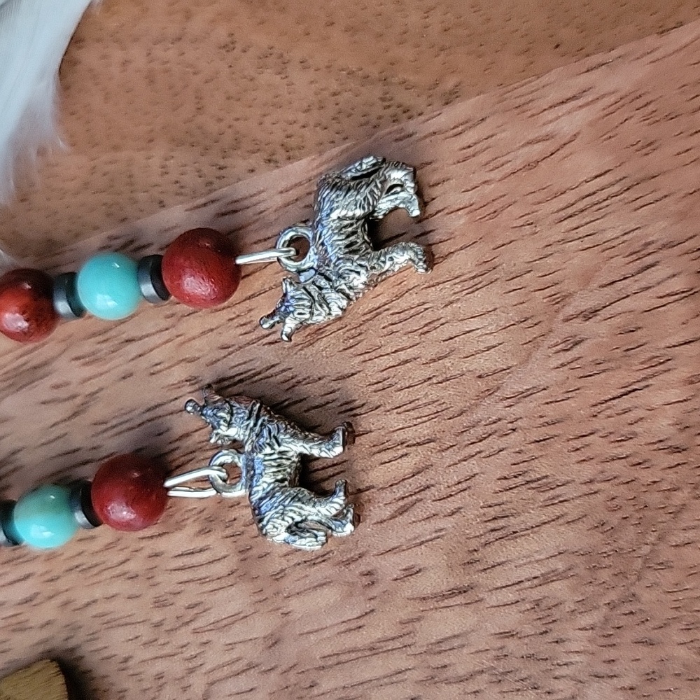 Southwestern Red Apple Coral Turquoise Hematite Silver Wolf Charm Earrings Boho - Picture 3 of 4